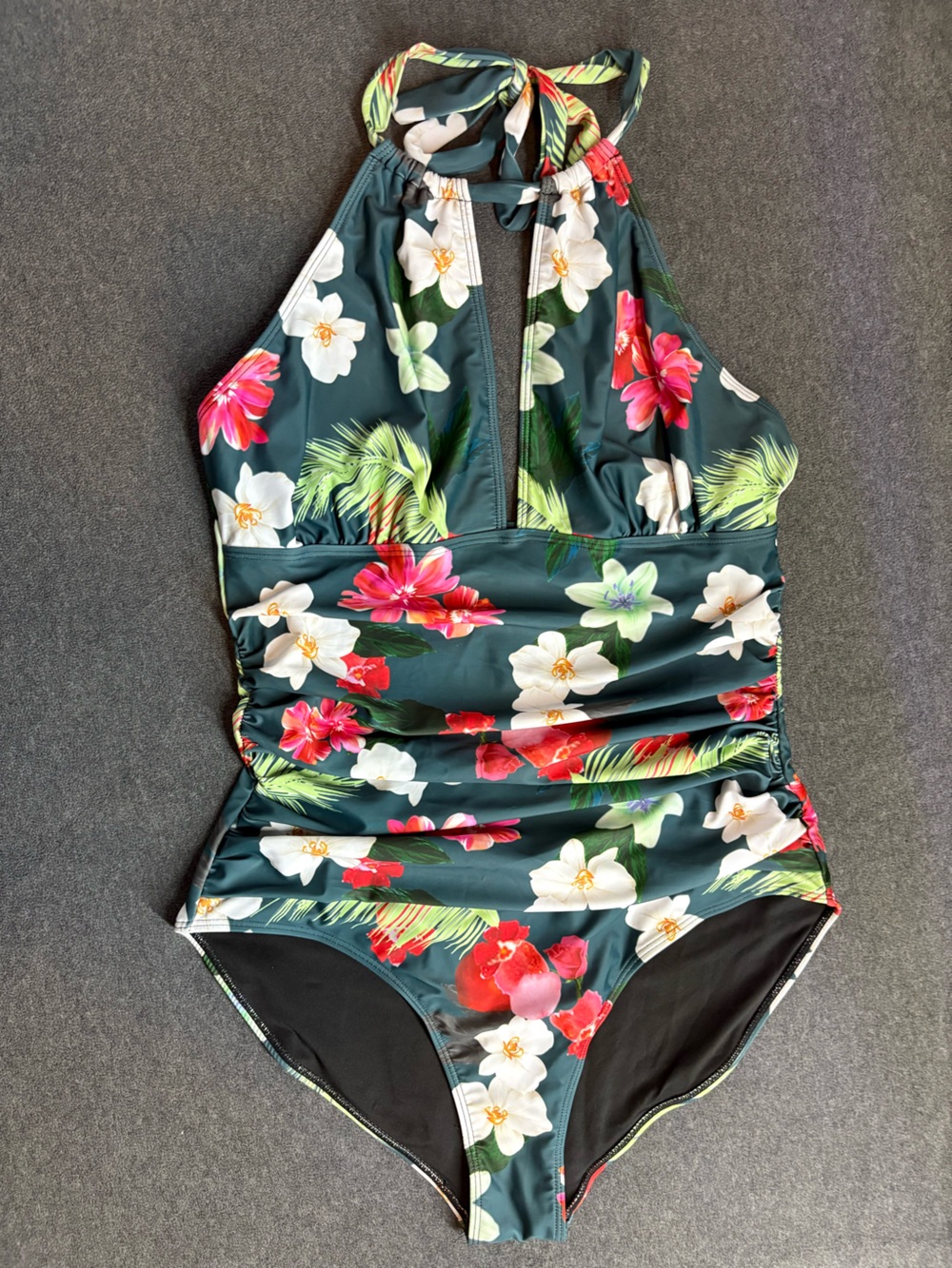 🆕Women's One-Piece Halter Green w/Red Floral Swimsuit Bathing Suit 2XL